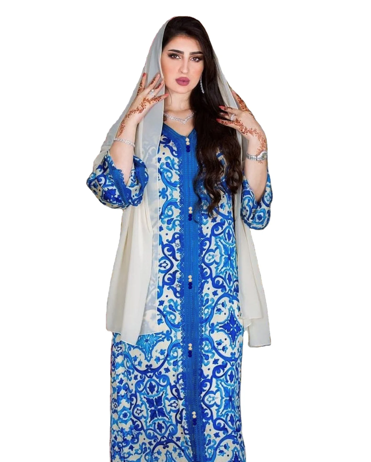 

HJ ZMDR44 Modest Summer Blue Floral Kaftan Dubai Abaya Islamic middle east jalabiya Muslim Dress