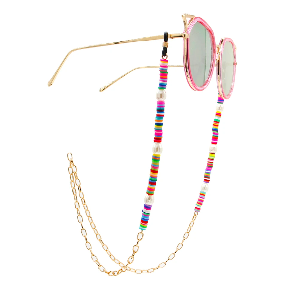 

trendy metal eyeglass chain cord custom glasses strap sunglasses chains pearl accessories with multi color rubber sheet bead, As shown or customized