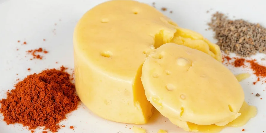 Cheese board layout with spice pairings labeled