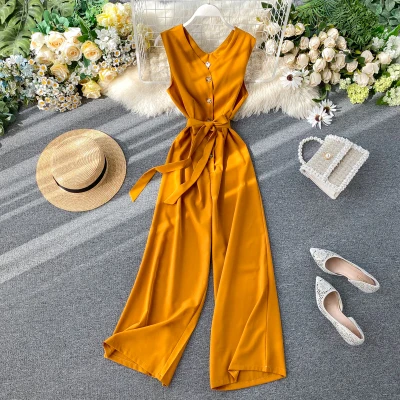 

Newest popular women v neck sleeveless long jumpsuits with belt