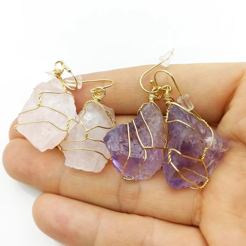 

Wholesale new unique lasted 24k real gold plated hoop statement earring wire wrapped raw natural gemstone dangle earrings, White earrings