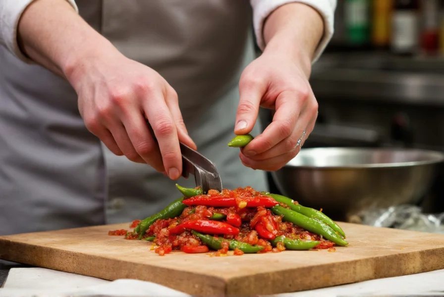 Chef preparing fresh salsa with red and green Fresno chilies in professional kitchen setting