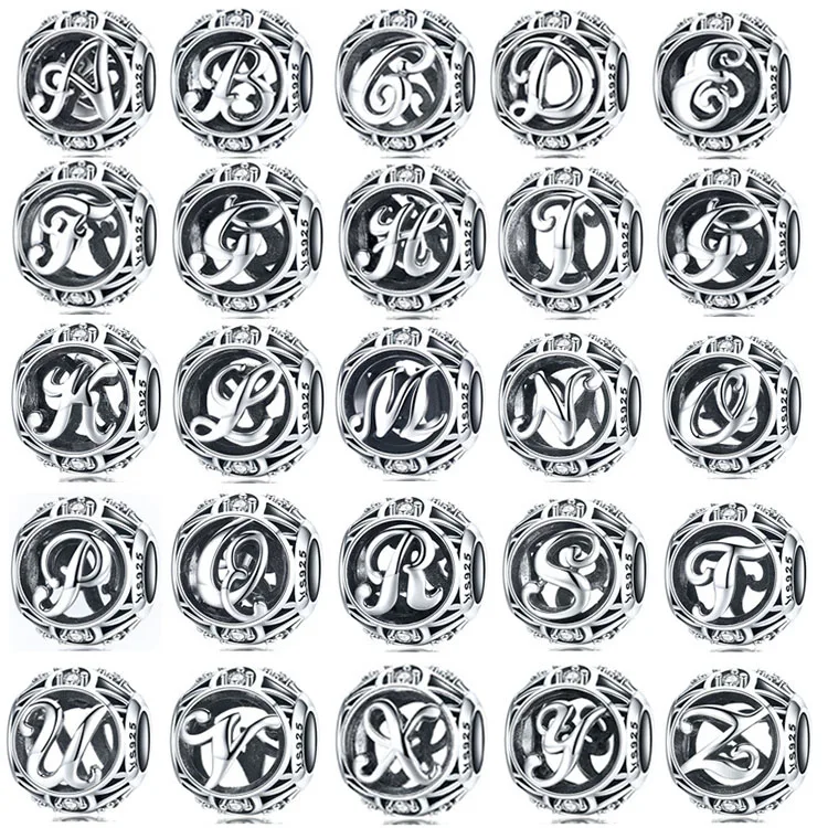 

26 Letters Initial Alphabet Charm S925 Sterling Silver Zircon Diy Beads Charms For Jewelry Making
