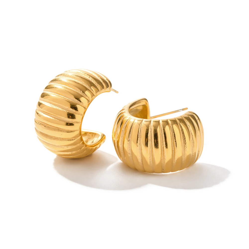 

Stainless Steel 18K Gold Plate Earrings Jewelry For Women Wide Bread Texture CC Shaped Earrings