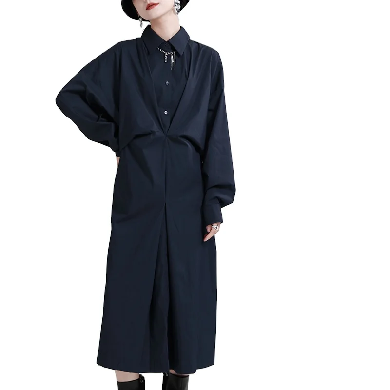 

2021 new Autumn women's dress French style shirt dress loose mid-length women skirt dress 2408, Green