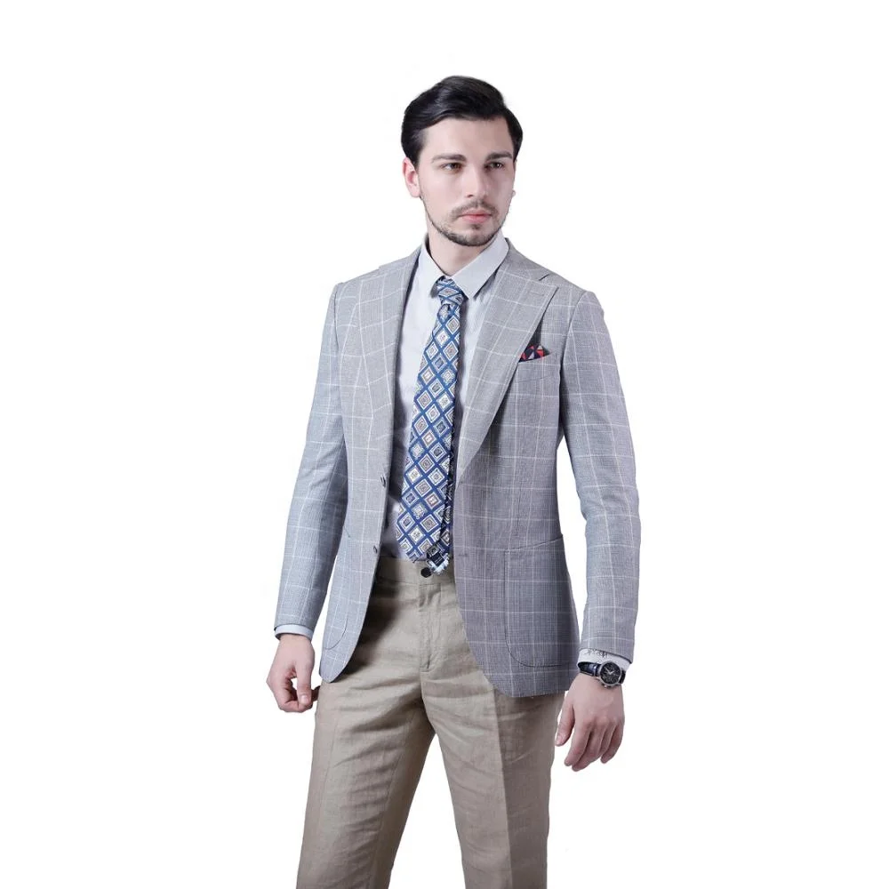 

High Quality Light Grey Checked blazzer Marzoni fabric super 130's wool mens blazers, Ivory