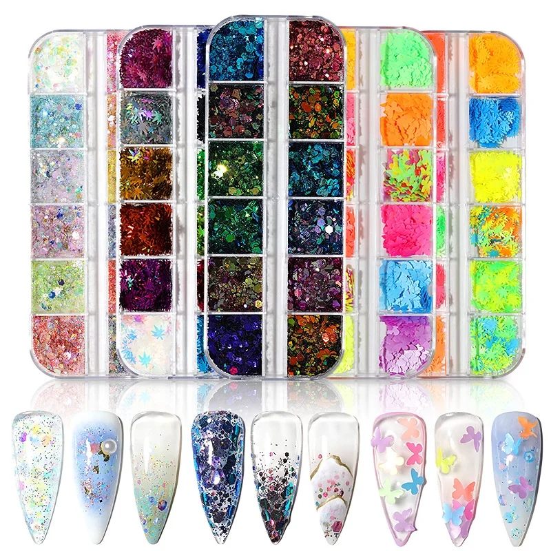 

1 Set Fluorescence Maple Sequins Neon Nail Art Glitter Flakes 3D DIY Holographic Butterfly Flake Glitter NGS006, As shown