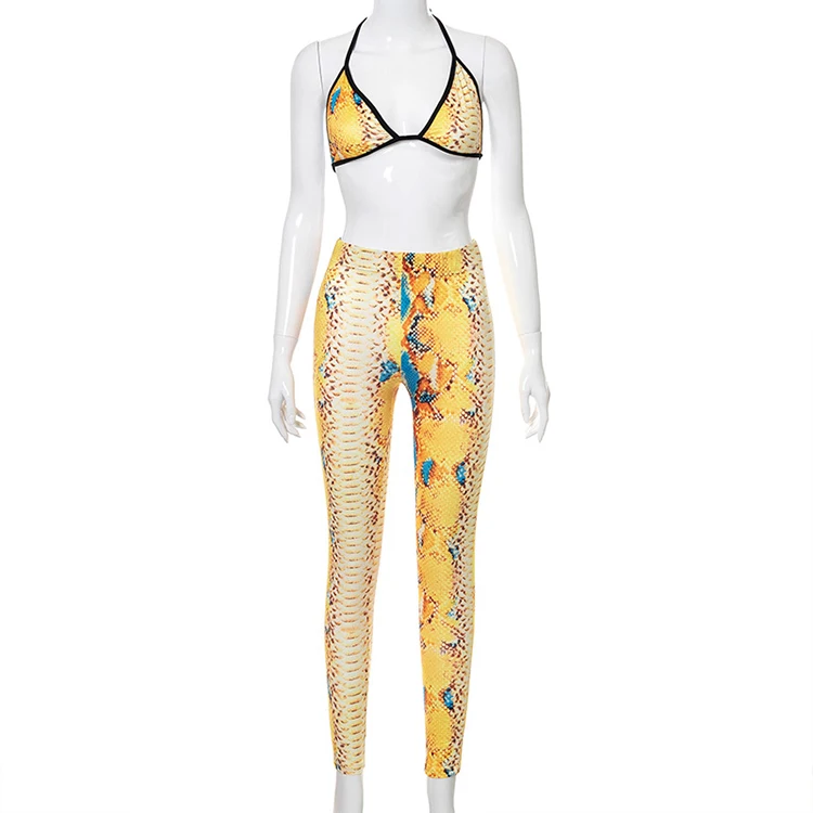 

Sexy Low Cut Snake Print Two Piece Pants Set Tie Wrap Bra Cropped Top And Long Pants Women 2021 Summer Wear -YS, Yellow