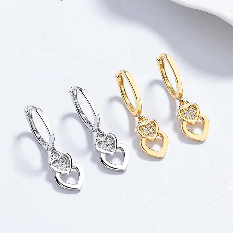 Fashion Earrings Jewelry 925 Sterling Silver Earrings Double Two Hearts Diamond Gold Plated Hoop Earrings Women Valentine's Day
