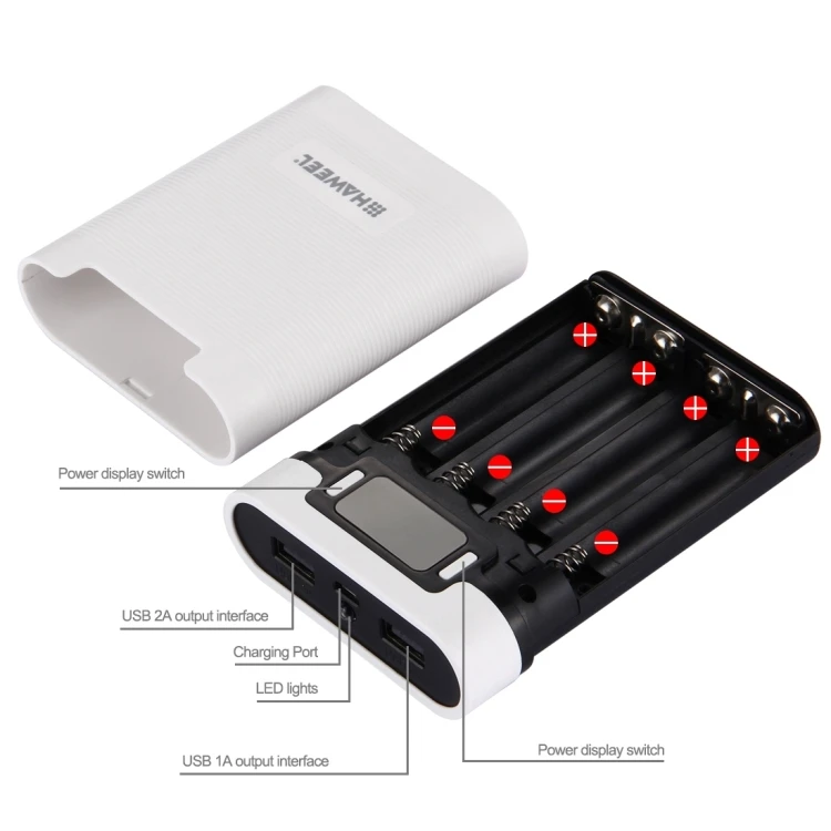 

Factory HAWEEL DIY 4x 18650 Battery (Not Included) 12000mAh Dual-way QC Charger Power Bank Case, Black, white