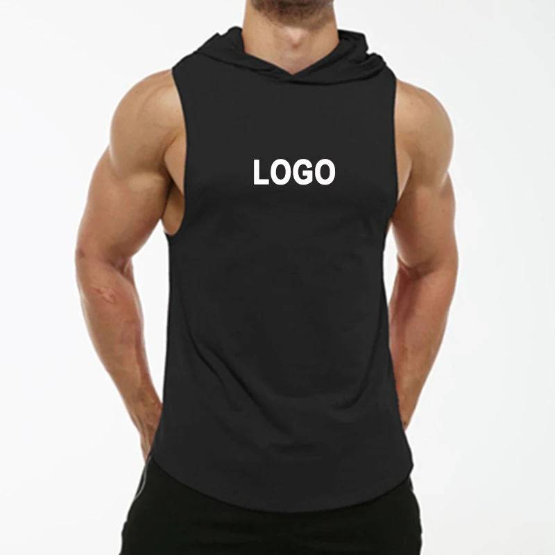 

Men Workout Hooded Tank Tops Sports Bodybuilding Stringer Muscle Cut Off T Shirt Men's Sleeveless Gym Hoodies, Black, white, red, multi color optional or customized