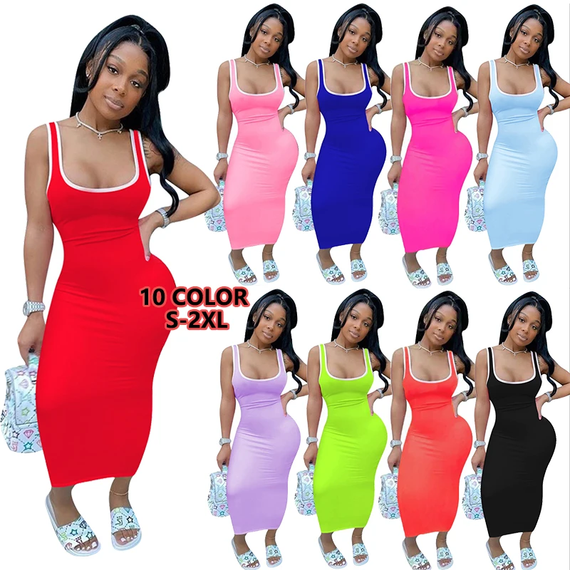 

New Fashion Club Vest Maxi Dresses Ladies Clothes Vestido Women Outfits Tank Top Solid Casual Dress Summer Clothing, Picture color