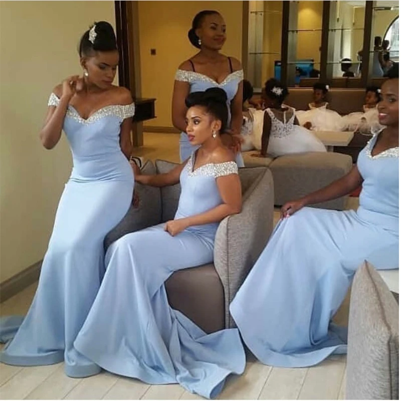 

DB039 Light Sky Blue African Bridesmaid Dresses Off Shoulder Long Mermaid Robe De Soiree Neckline Women Wedding Party Dresses