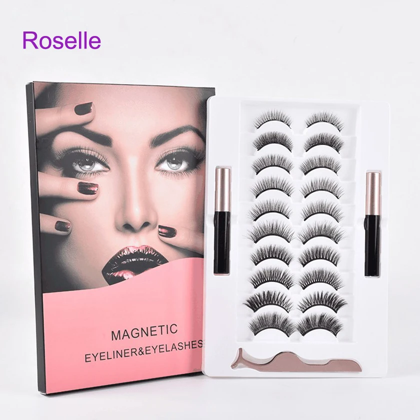 

10 pairs magnetic eyelashes lash eyeliner set kit with tweezers in gift box or customized packages, Black