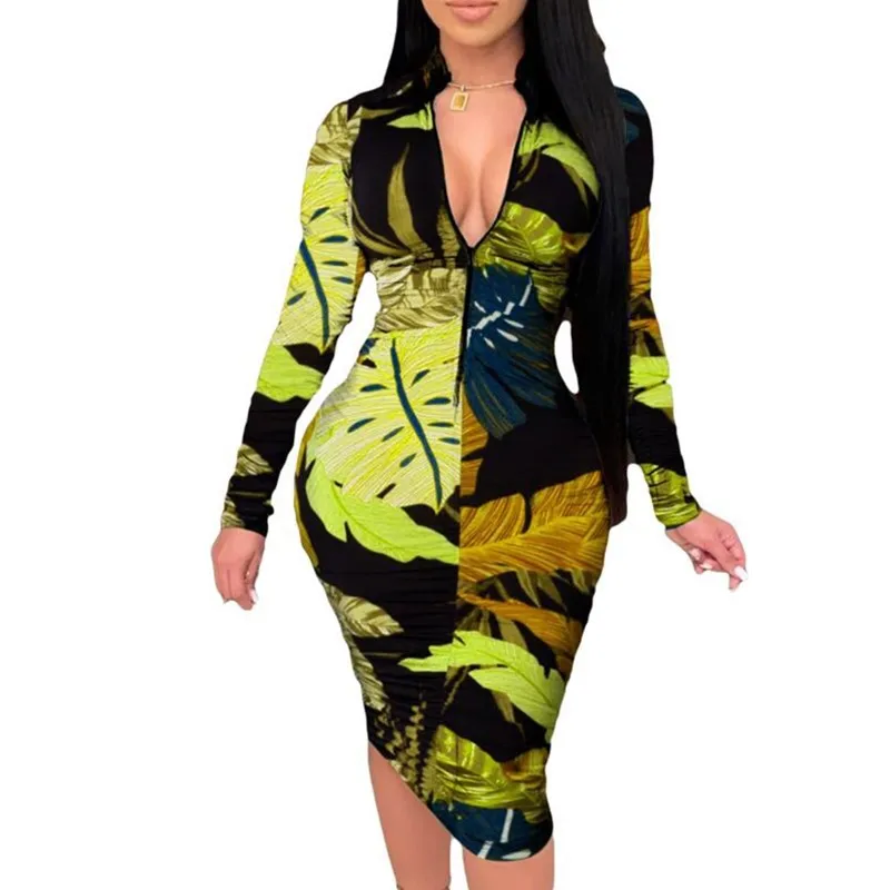 

Deep V Neck Tropical Leaf Print Bodycon Dress