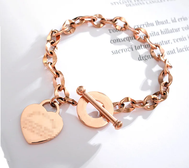 

Wholesale fashion design heart engraved bangles jewelry stainless steel rose gold link chain ladies bracelet, Steel, gold,black, rose gold