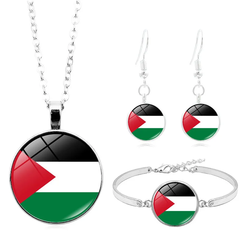 Manufacturer I Love Palestine Flag Design Charm Pendant Crystal Cabochon Bangle Bracelet Necklace Dangle Earrings Jewelry Set