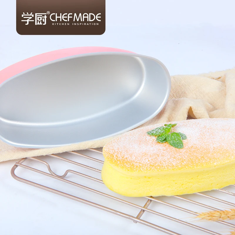 

CHEFMADE Kitchen Bakeware Silver Inside Pink Outside Non Stick Small Cute Oval Cheese Baking Mold Pan Cake Pans, Champagne gold