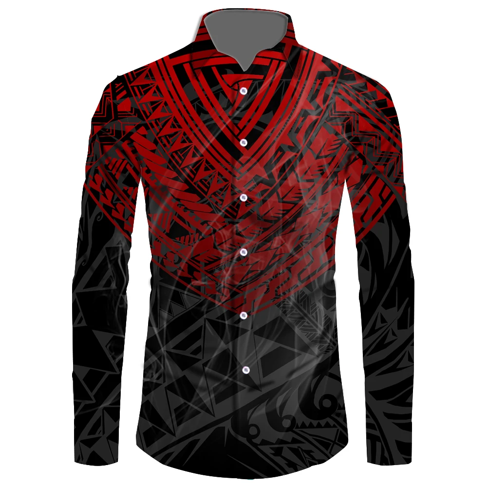 

Durable Polynesian Tribal Luxury Design Mens Long Sleeve Trendy Shirt Samoan Red Style 6XL Big Size Customizable Factory Price, Customized color