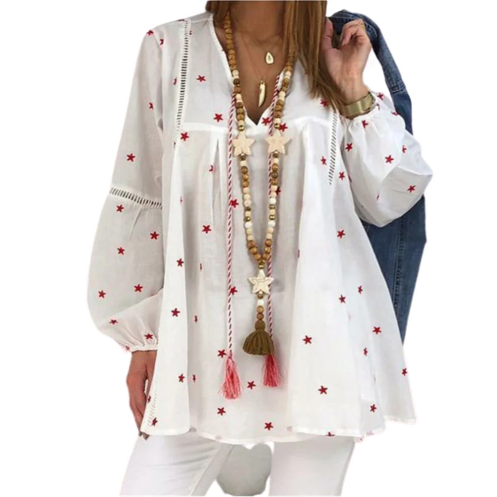 

Women's Oversized Casual Lantern Long Sleeve Hollow Long Top Pentagram Print Blouse Shirt