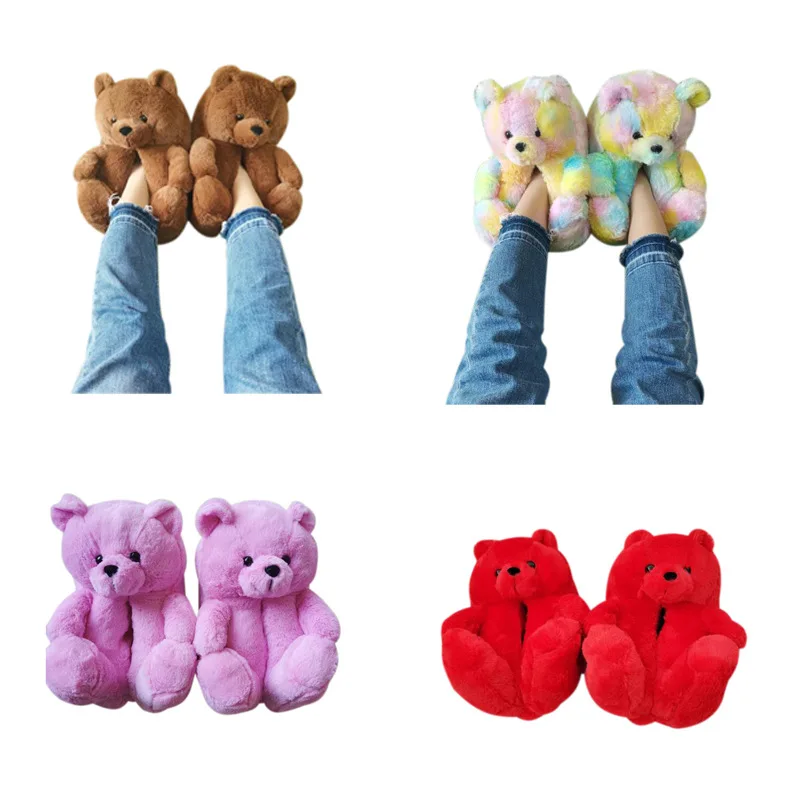 

Wholesale Cheap Woman Kid Bedroom Soft Fluffy Bear Slip on Shoes Plush Teddy Bear Slippers, As picture