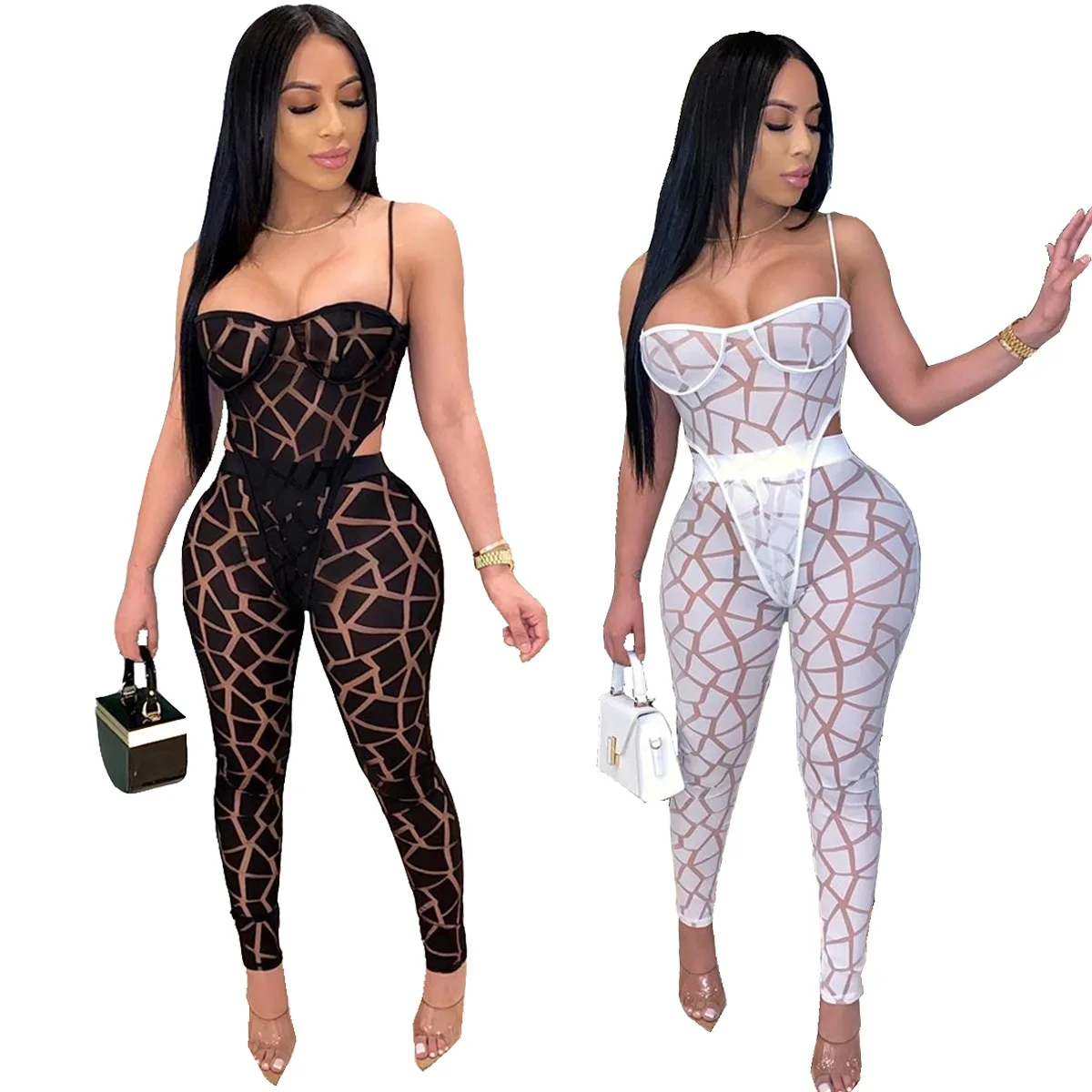 

Women's sexy outfit mesh two-piece nightclub perspective 2 piece sexy set women clothing 2021sheer pants, Customized color