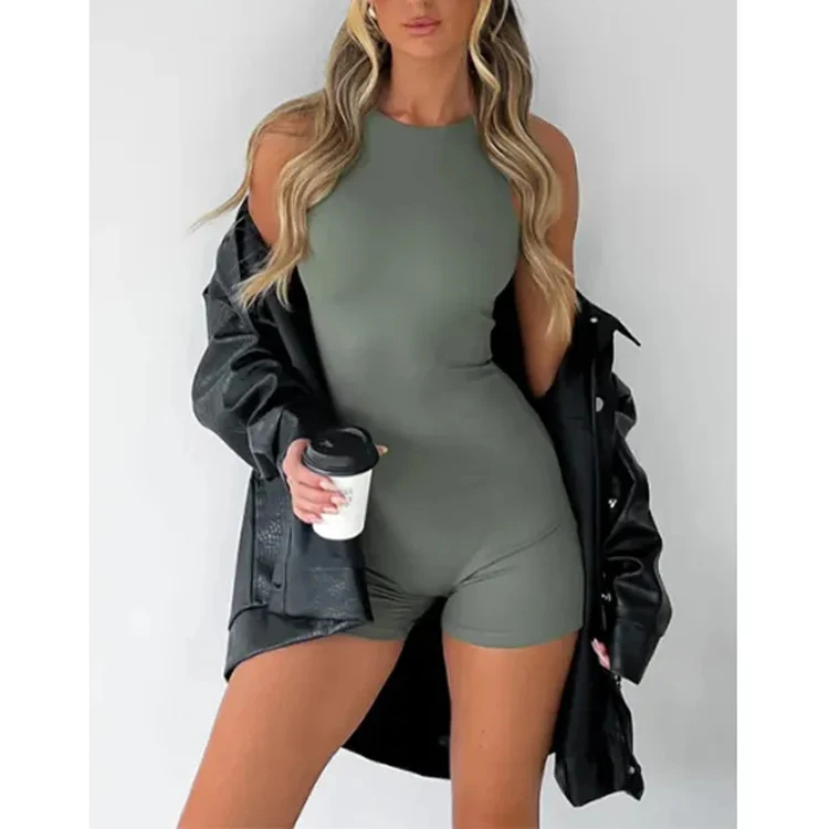 New Arrival Fashion Sleeveless Yoga One Piece Jumpsuits Playsuits Spandex Bodycon Gym Short Jumpsuit Women