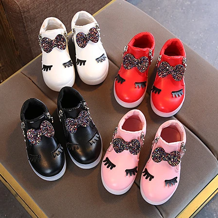 

Autumn Winter Girls Baby slide bow rhinestones Children shoes flat Casual Girls Light Up Kid Led Shoes, White, red, black, pink