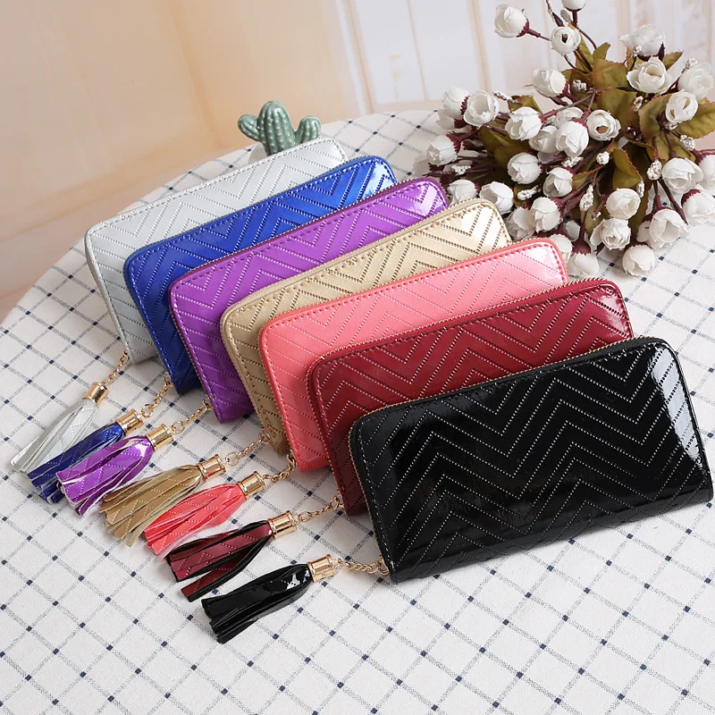 

Wholesale PU purse women clutch bag zigzag texture fashion women wallet with tassels, 7 (pls see below color cards)