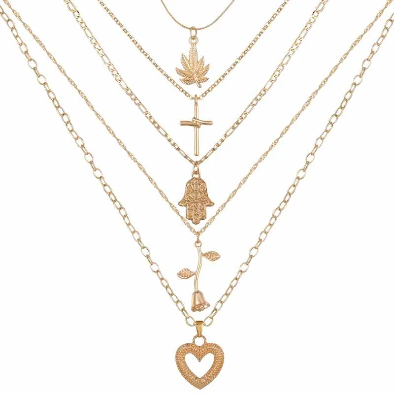 

2020 Trendy Gold Plated Layered Heart Rose Cross Pendant Accessories Necklace for Women Jewelry