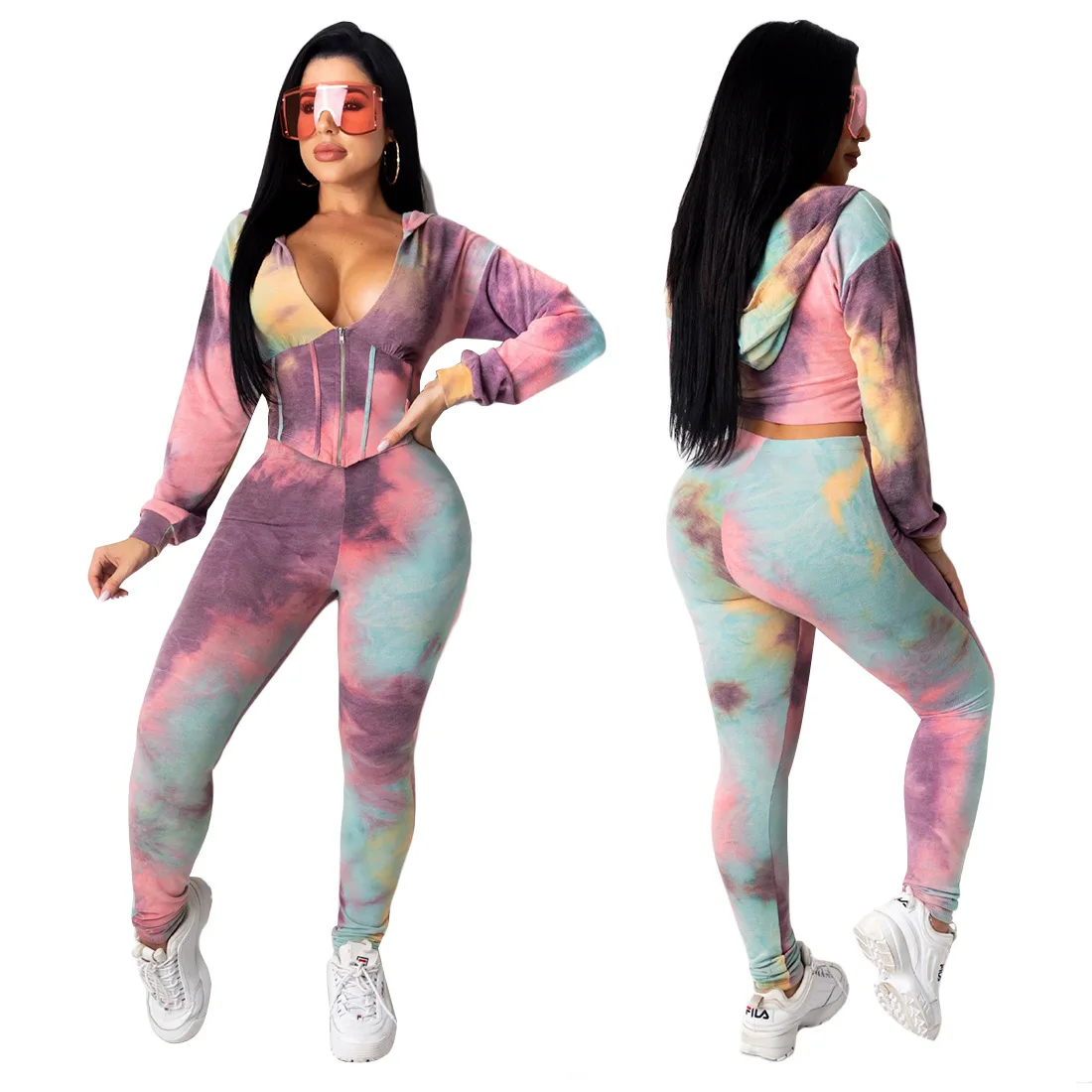 

New Fashion Hoodie Tie Dye Long Sleeve Plus Size Fitness Two Piece Set, Picture