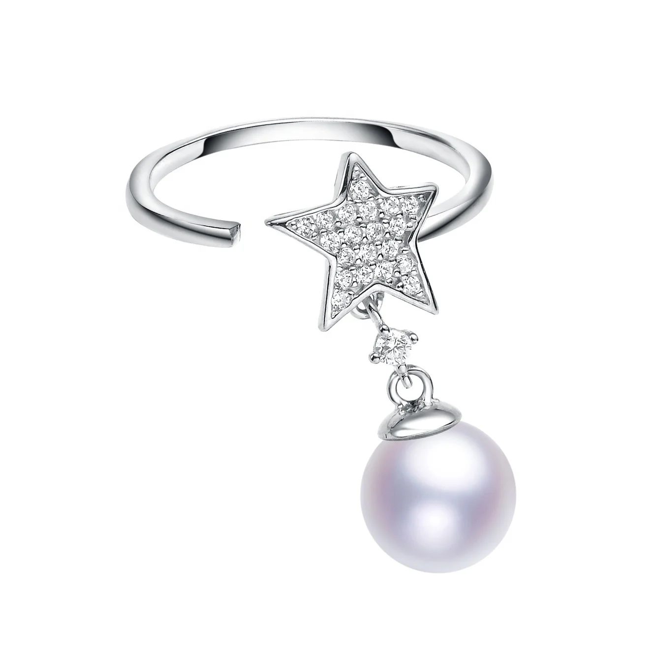 

Promotional Top Quality Moon and Star Rings 925 Sterling Silver Womans Day Jewelry Freshwater 100% Natural Pearls, White