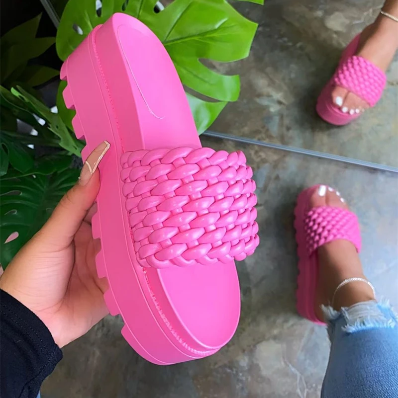 

Summer Wedge Slides Shoes Chunky Platform Sandal Women Fashion Braided 2021 Ladies Sandals And Slippers, As pictures or customized color