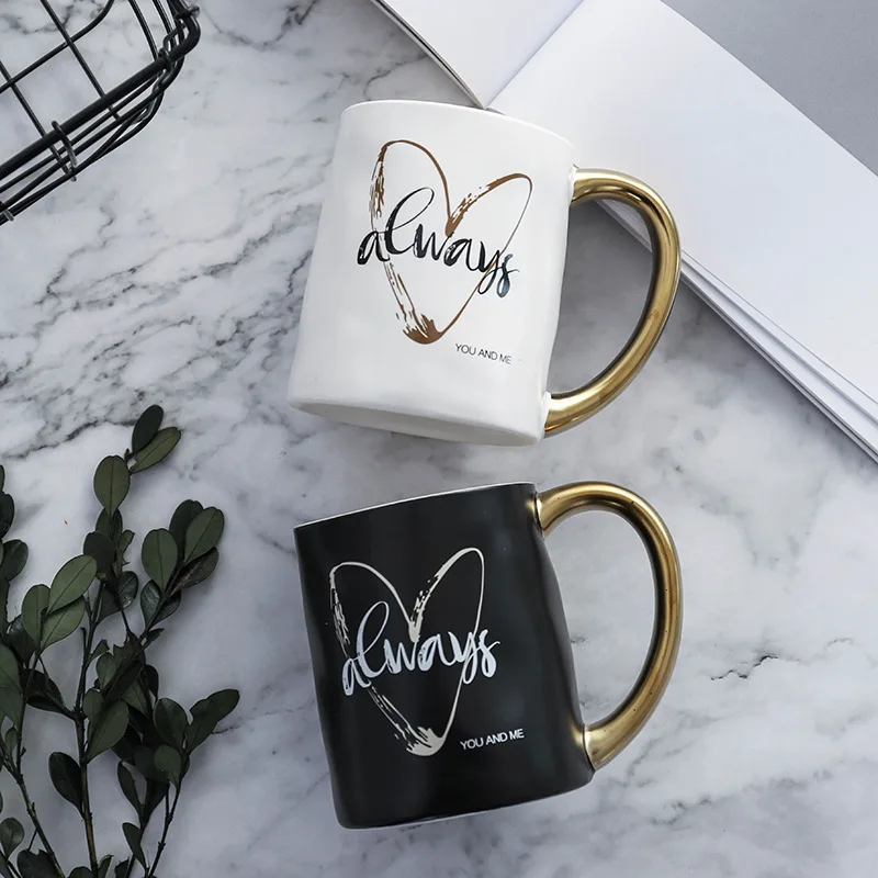 

Nordic INS love electroplate handle ceramic gold large capacity coffee water cup, Black and white