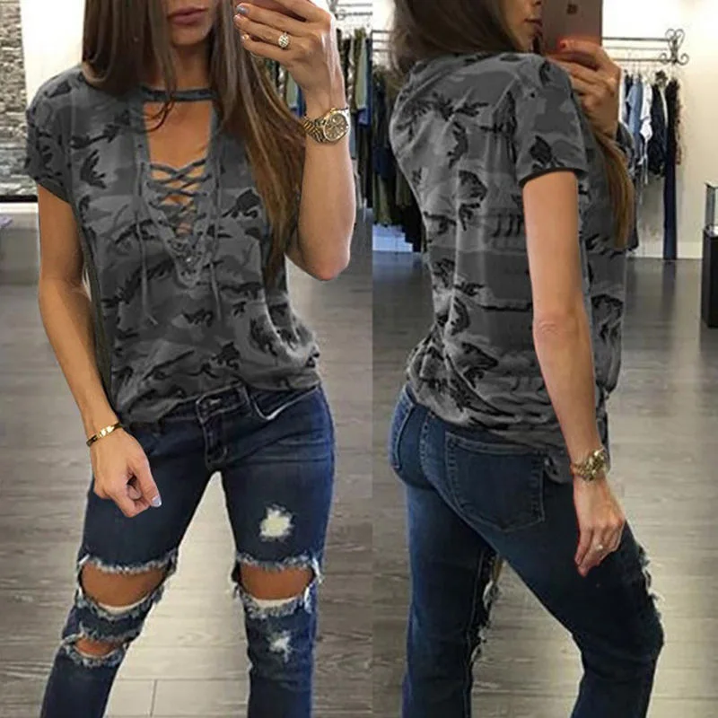 

WW-1095 Camouflage Deep V Low-cut Bind Short-sleeved Dress Coat Sleeve Fashion Camo Woman T shirt, Customized color