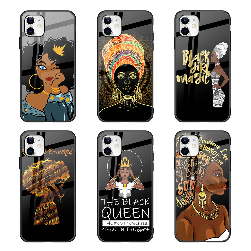 

African Afro Melanin Poppin Black Women Girl Designs Tough Glass Back Cover for iPhone 11 , Coque for iPhone 12 Pro Max, Multiple