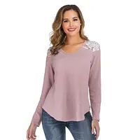 

New Fashion Shoulder Lace Patch Long Sleeve Casual Women Blouse Top
