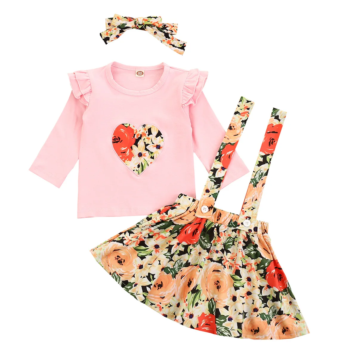 

2021 dress Set Toddler Baby Hearts Tops Floral Suspender Skirts Bowknot Headband Outfits Kids Clothing Girls In Valentine Day