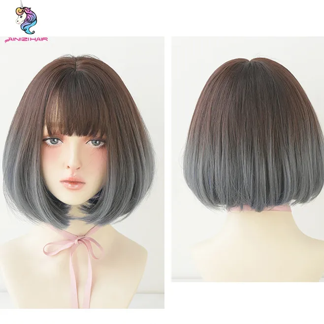 

Ainizi wholesale fashion Japanese and Korean short bob natural gradient color button straight synthetic hair wigs for female, Photo color