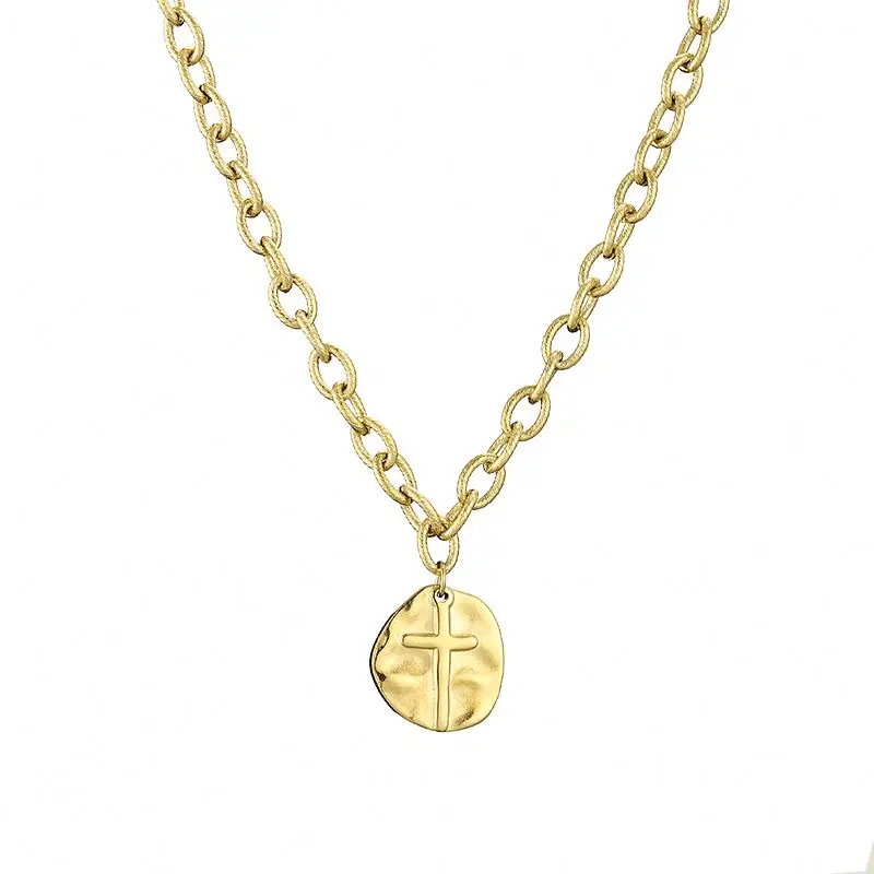 

High quality stainless steel gold plated bumped irregular jesus cross necklace for unisex