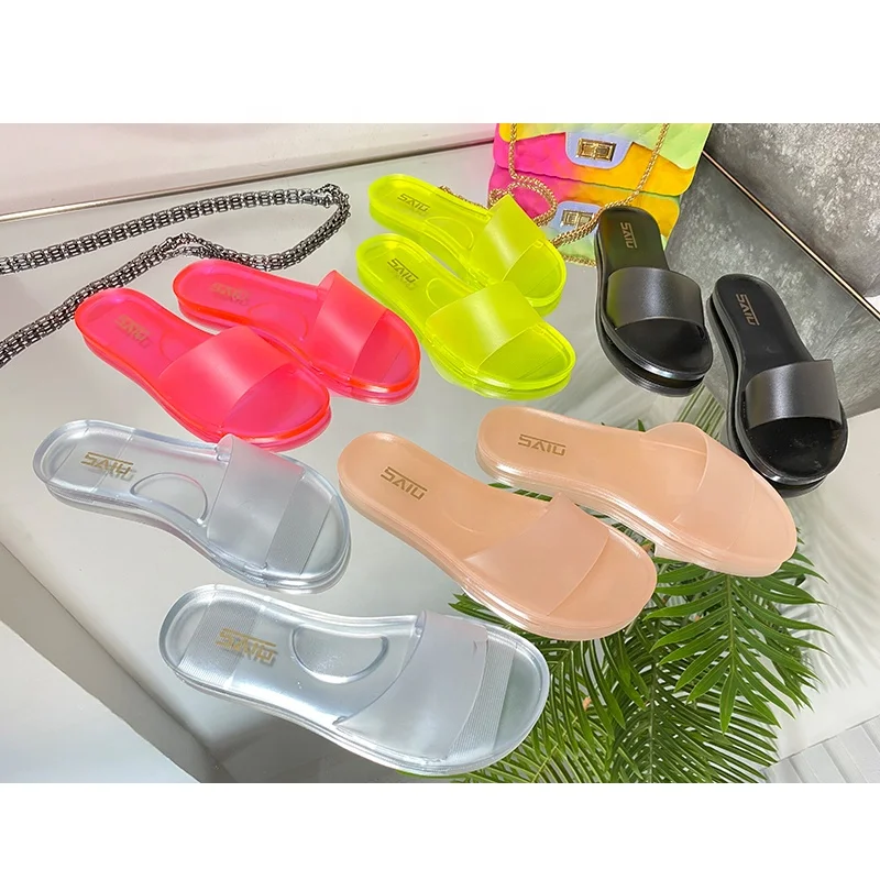 

Wholesale Ready To Ship Jelly Flat Sandals Slip-on Slippers Summer Beach Slides For Women Jelly Slippers Flip Flop, Black, yellow, nude, peach, clear