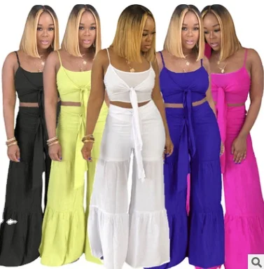 

Wholesale women summer crop top and wide leg pants two piece set women clothing L0265