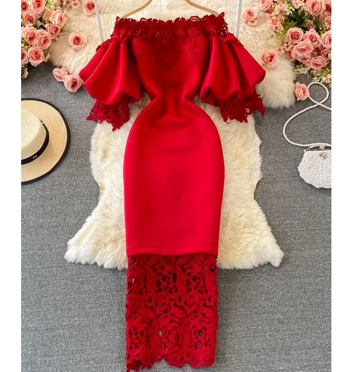 

Red Bodycon Boat Neck Strapless Lace Lantern Sleeve Midi Casual elegant women dresses with lace evening dresses 2022, 8 color