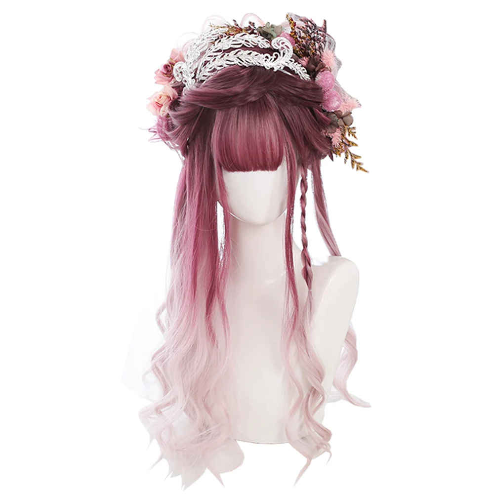 

Purple Red Gradient Light Pink Synthetic Long Curly Hair Wig Japanese Lolita Rooming Face Natural Cute Girls Cosplay Wigs, Pic showed