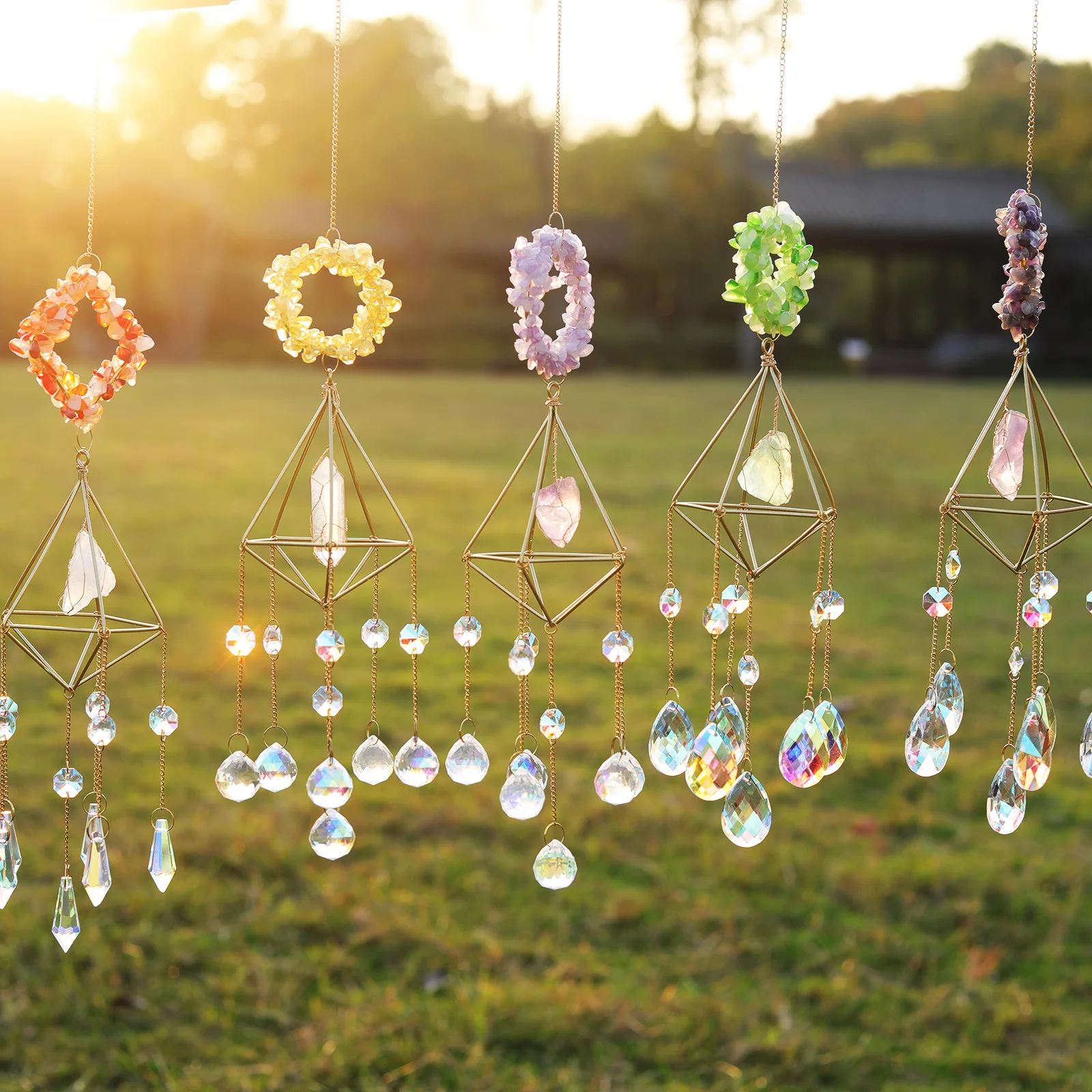 

Window Car Hanging Decor Rainbow Maker Natural Stone Crystal Sun Catcher Rose Quartz With Raw Stone Accesory