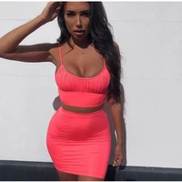 

Women Neon Ruched Tank Top Knee Length Mini Two Piece Dress