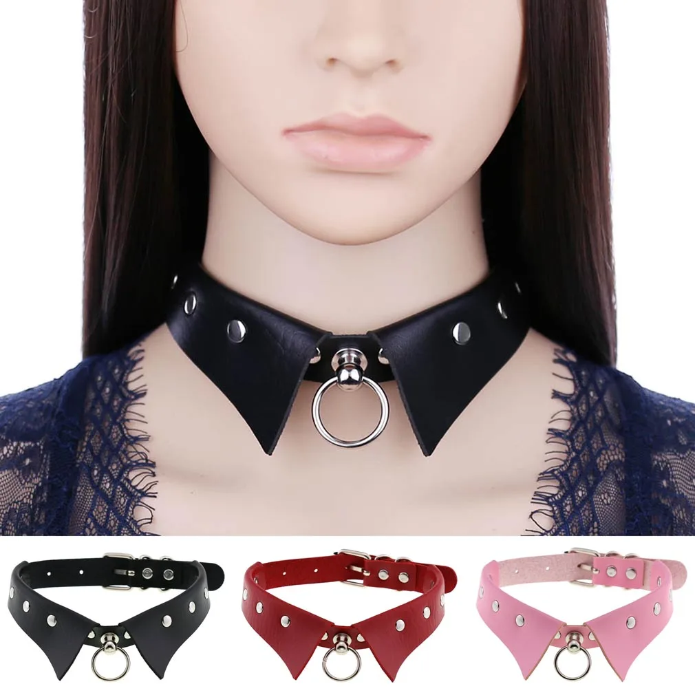 

New Punk Goth Faux Lapel Shirt Collar PU Leather Pendants Round Choker Necklace, 16 colors