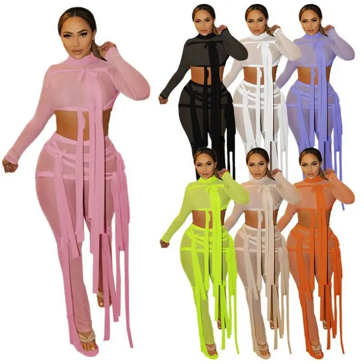 

Fondpink 2021 Summer Mesh Bandage Long Sleeve Two Pieces Set For Women Fashion Clothing 2 Pieces Set