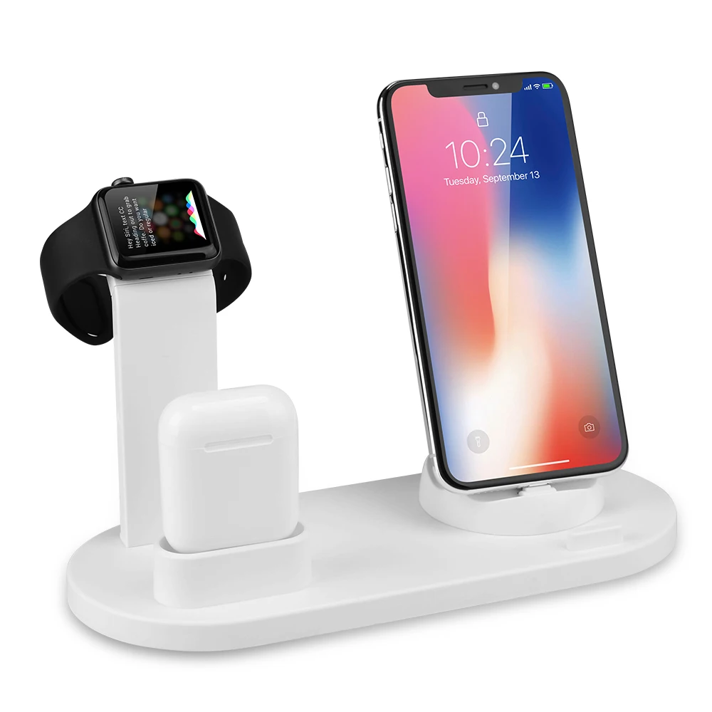 

2020 New Products 4 in 1 Mobile Phone Charging Dock Stand 10W Qi Fast Wireless Charger Station for Airpods for Apple Watch, Black, white