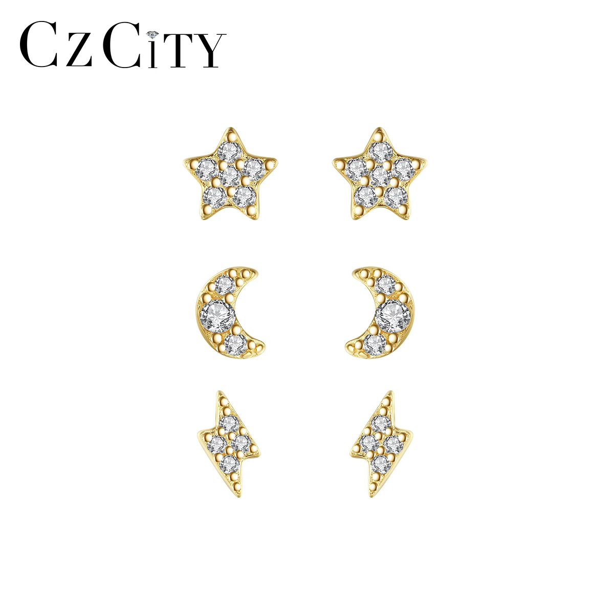 

CZCITY Star and Moon Gold Plated Custom Minimalist Cubic Zirconia Little Girl Stud Earring For Woman Earing Set